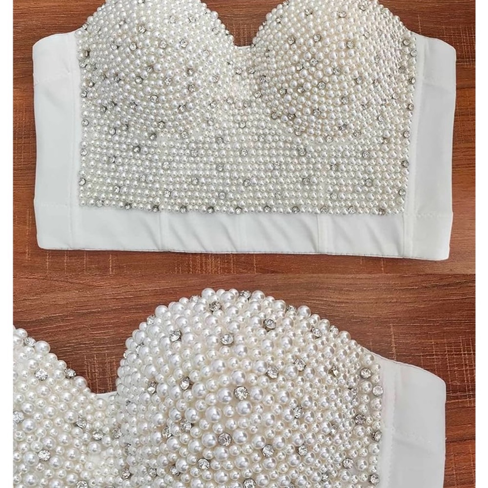 Pearl and rhinestone bustier crop top